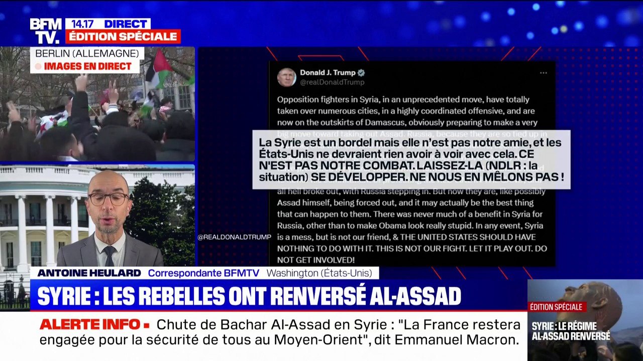 Chute d'al-Assad: "La Syrie est un bordel, ne nous en mêlons pas", demande Donald Trump