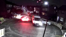 Surveillance and bodycam shows suspect ramming van at an officer (video)