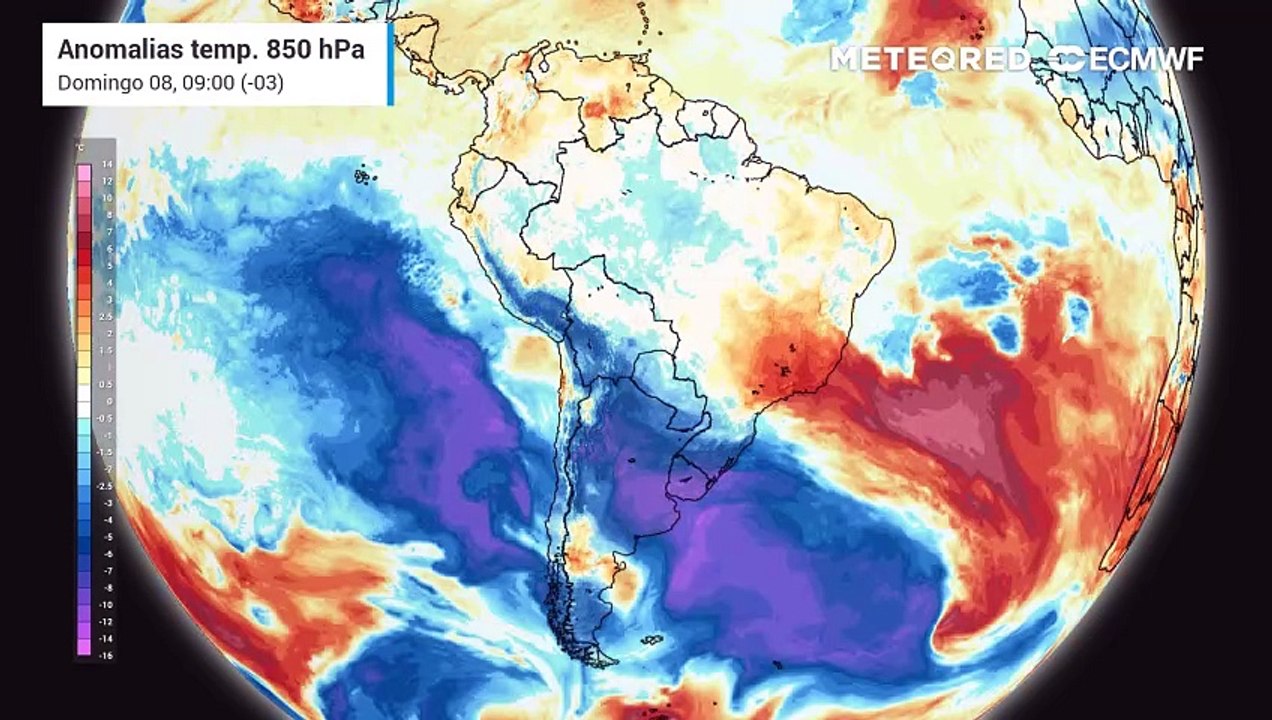Anomalia de temperatura em 850 hPa realça as massas de ar que atuam nos próximos dias