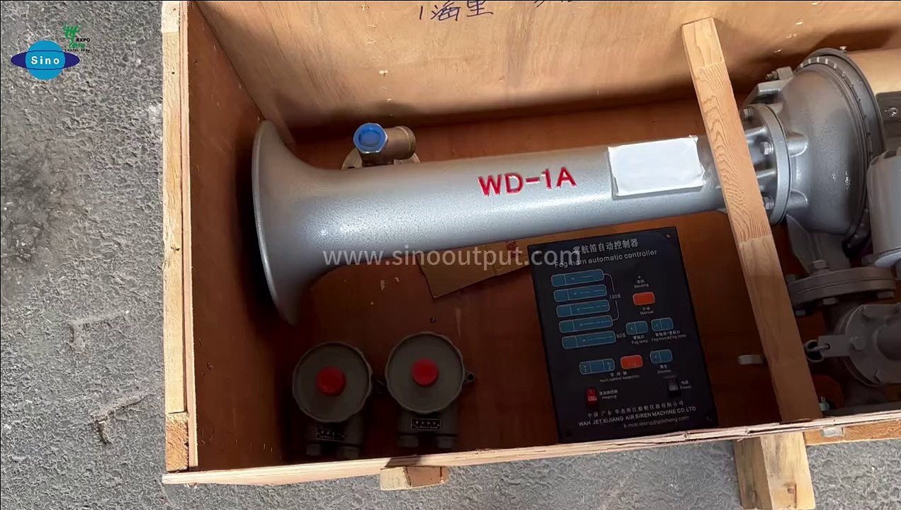 Sinooutput marine air horn model WD-1A with fog horn automatic controller.  Air pressure 0.7-1.0MPa, solenoid valve power 45W, heater power 200W.  220V 60HZ.