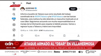 🚨¡Última Hora! Detienen a un sujeto implicado en el ataque armado al "DBAR" en Villahermosa