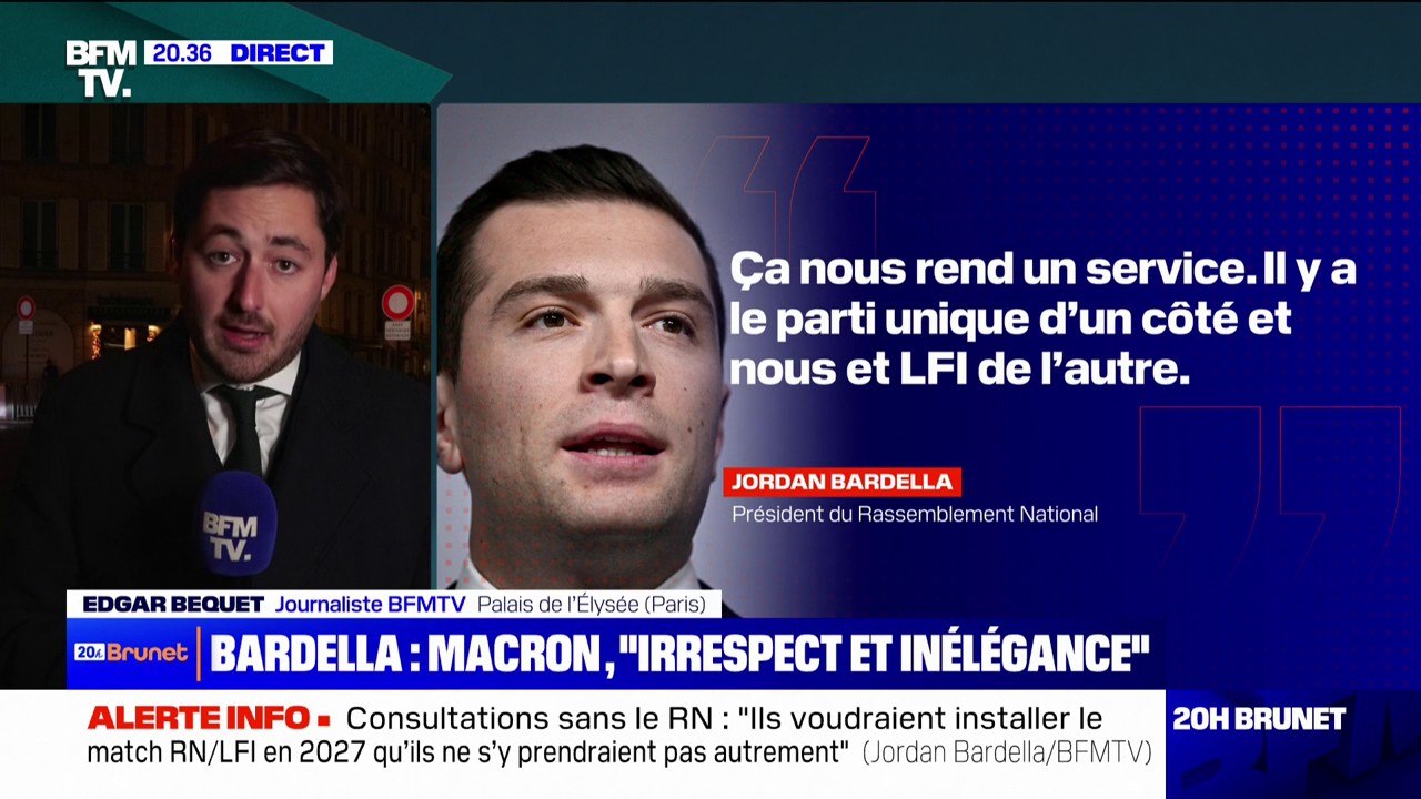 "Ce sont des méthodes d'un irrespect et d'une inélégance hallucinante", réagit Jordan Bardella (RN) après l'exclusion de son parti de la réunion annoncée à l'Élysée demain