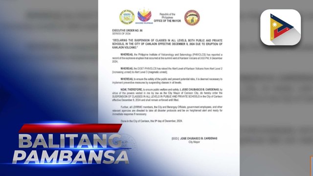 Ilang lugar sa bansa, walang pasok dahil sa pagputok ng Bulkang Kanlaon