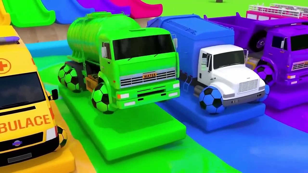 Learn Colors with 7 Street Vehicles and Soccer Ball Flying Toy Cars ...