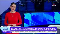 Detienen a hombre coreano con 3.5 kilos de metanfetamina en latas de duraznos