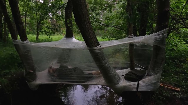 Building an Amazing Shelter Over the WATER with Plastic Wrap. RELAXING CAMP BUSHCRAFT TENTSURVIVAL