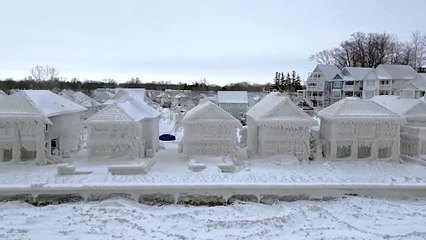 Lakefront homes in Ontario Canada encased in ice