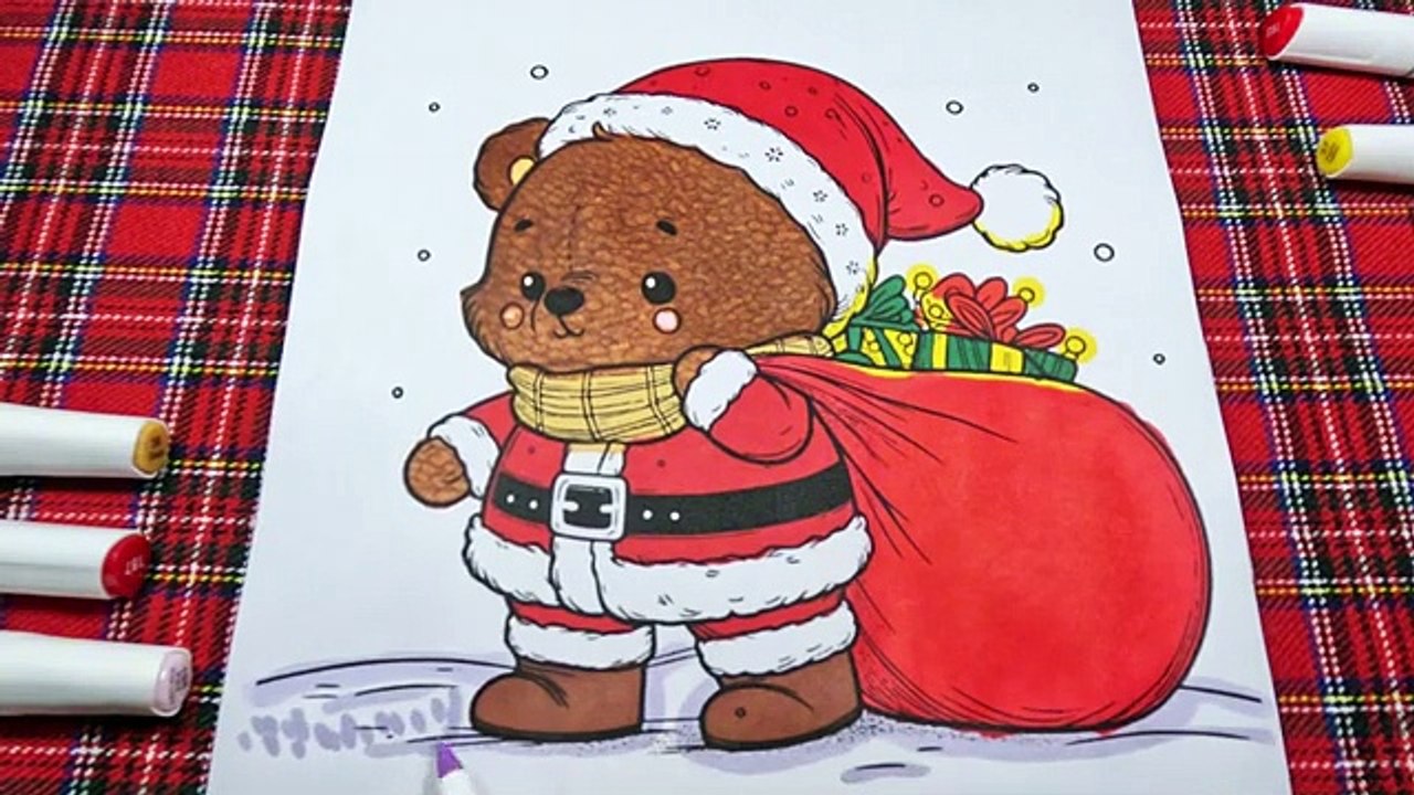 Christmas Bear Coloring Tutorial – Santa Bear with Gifts-Coloring Pages Free