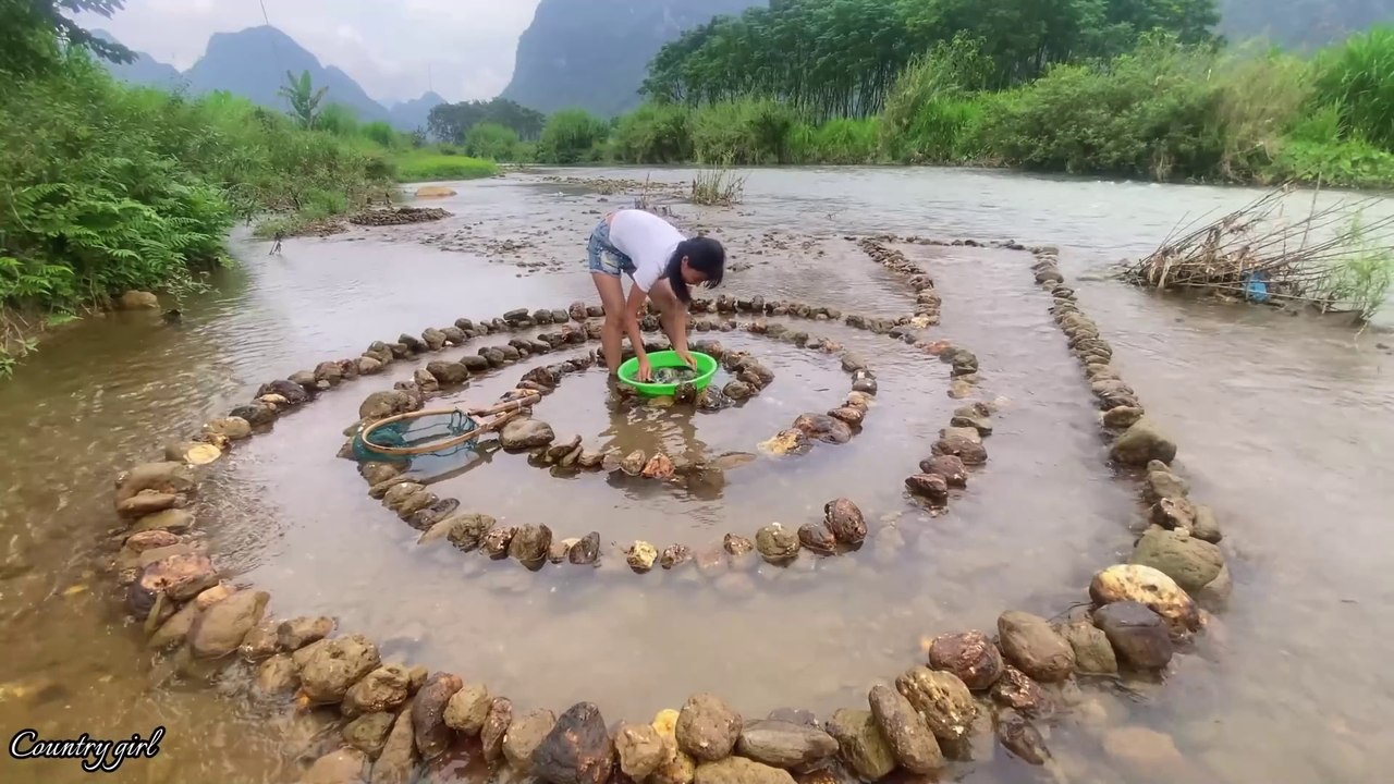 Fish trapping skills girl creates spiral trap to harvest lots of fish