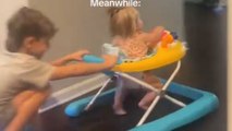 Elder brother uses hoverboard to entertain baby sister in a fun way