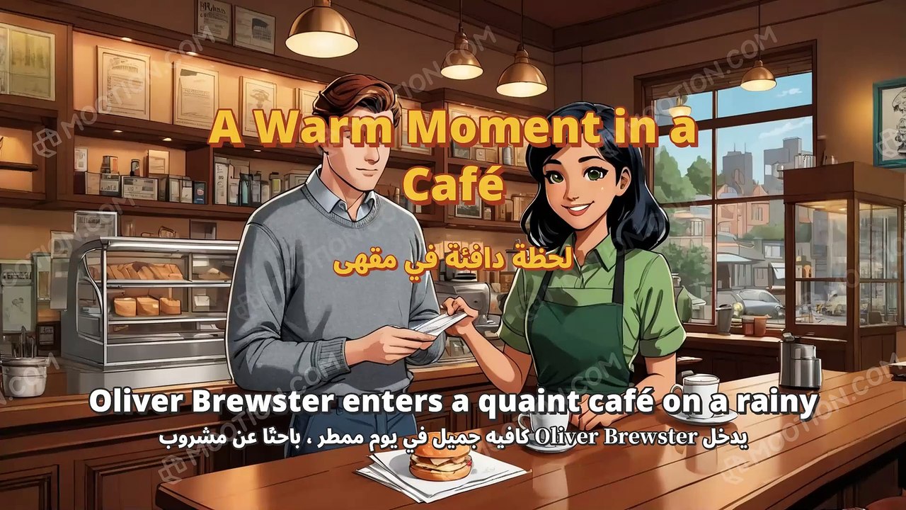 A Warm Moment in a Caféتدور القصة حول أوليفر بروستر الذي يدخل مقهى جميل في يوم ممطر بحثًا عن مشروب ساخن. يتفاعل مع بارستا تدعى لونا، حيث يستعرض القائمة ويختار شاي اللايت الشهير. تعكس المحادثة بينهما أجواء دافئة ومريحة، مما يجعل تجربة أوليفر في المقهى مميز