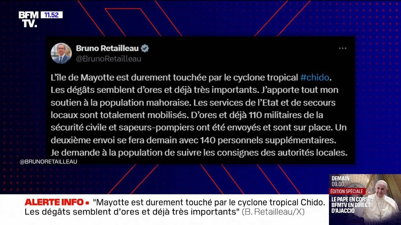 Mayotte: "J'apporte tout mon soutien à la population mahoraise", déclare Bruno Retailleau sur X