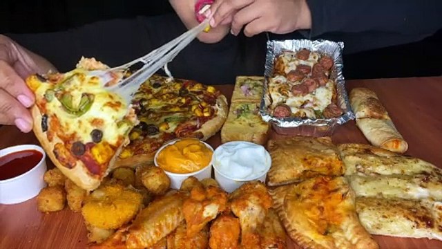 ASMR__PIZZA HUT_VEG PIZZA+GARLIC BREAD+PASTA+CHICKEN WINGS+JALAPENO POPPERS l FOOD VIDEOS l