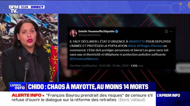 Mayotte: Estelle Youssouffa, députée LIOT, demande la déclaration de l'état d'urgence à Emmanuel Macron après le passage du cyclone Chido