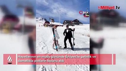 Gelin ve damat Erciyes'te kayak yaptı