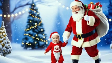 Santa Claus walking hand-in-hand with a baby