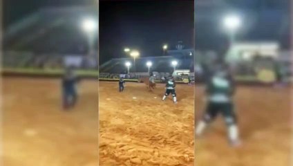Locutor  é pisoteado em rodeio por touro, mas continua narração