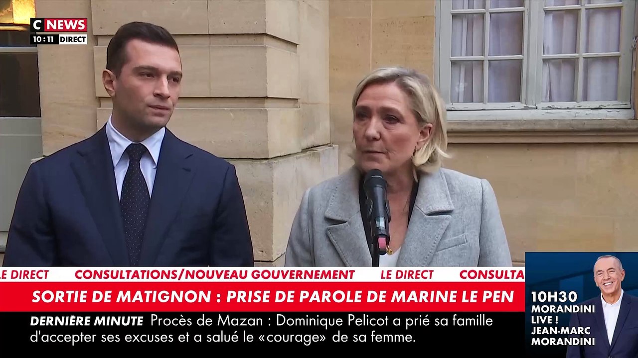 Gouvernement: "Nous avons été écoutés", déclare Marine Le Pen après avoir été reçue ce matin par le Premier ministre François Bayrou à Matignon