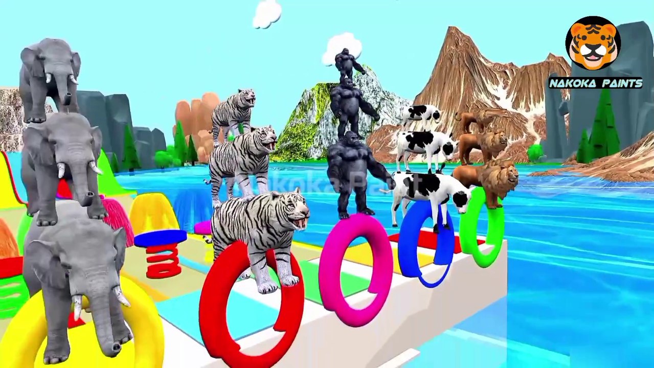 Lion Cow Gorilla Tiger Elephant Fountain Crossing Transformation Cartoons
