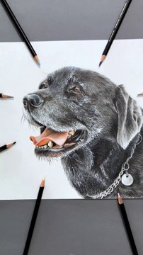 Dessin réaliste d’un chien réalisé au crayon de couleur