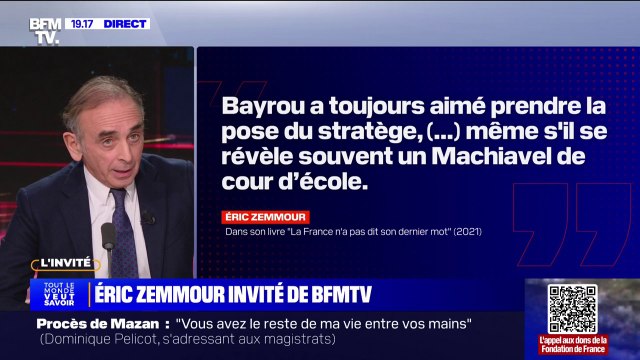 Éric Zemmour (Reconquête): François Bayrou est Emmanuel Macron avant Emmanuel Macron