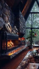 Glass Room Oasis, Rainy Day Escape with Crackling Fire.
