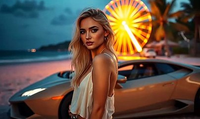 Beautiful blonde woman beside lamborghini vibe neon light bali beach long shot