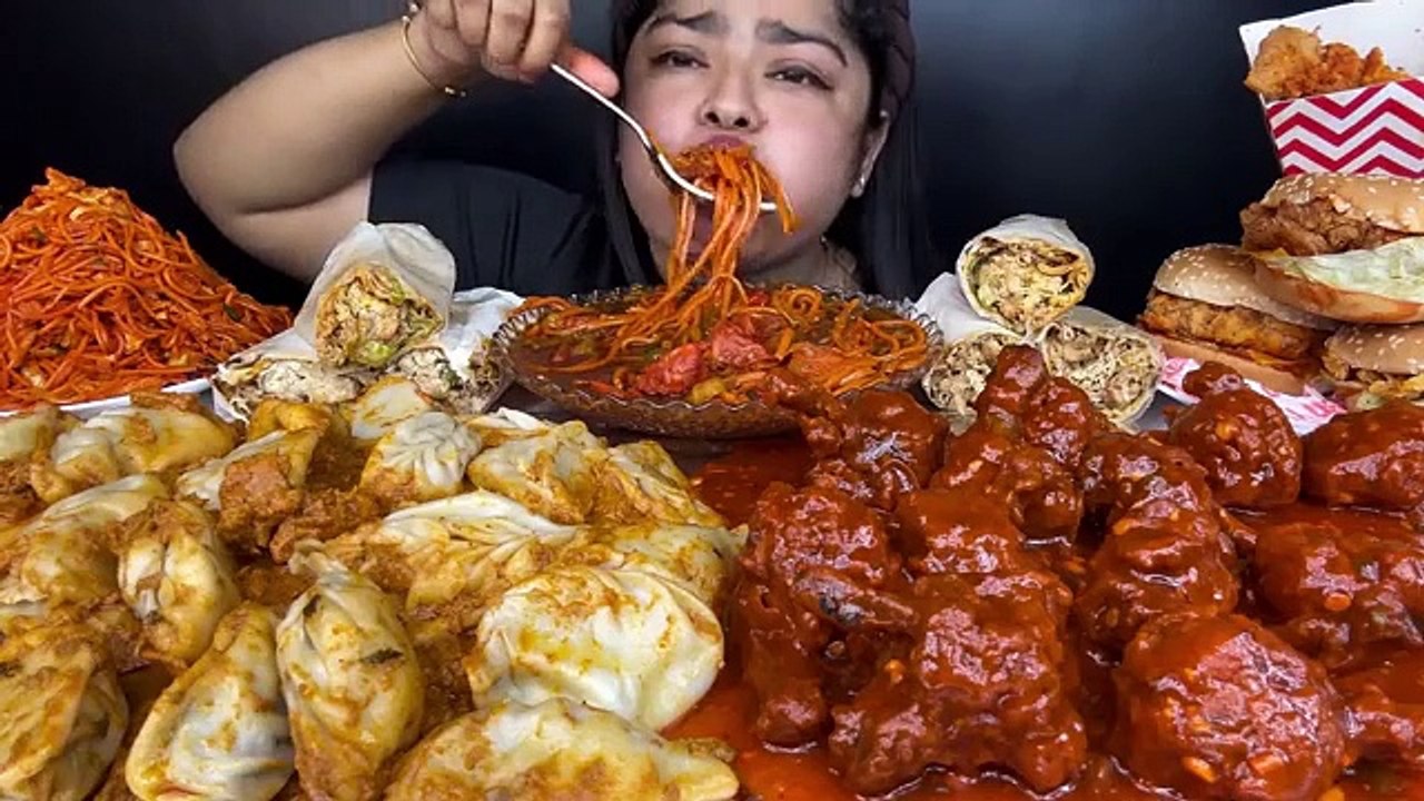 BUTTER CHICKEN MOMOS, SPICY CHICKEN THUKPA,  SPICY CHICKEN LOLLIPOP, CHICKEN SCHEZWAN NOODLES,EATING