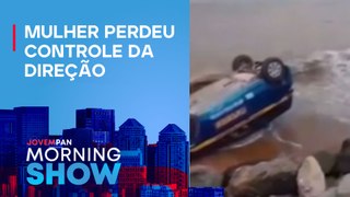 Carro de autoescola CAPOTA e vai parar na PRAIA