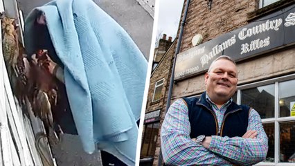 Mystery 'blanket man' caught on CCTV hanging dead pheasants outside shop