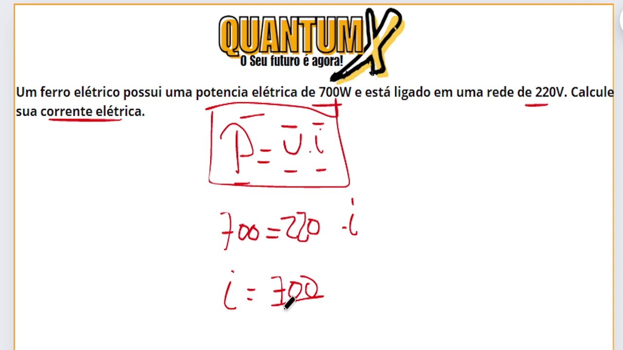 Um ferro elétrico possui uma potência elétrica de 700W e está ligado a uma rede de 200V.  Calcule a sua corrente elétrica. - Questões de Física -Quantum X