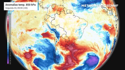 Anomalia de temperatura em 850 hPa entre os dias 03 de fevereiro e 05 de fevereiro.