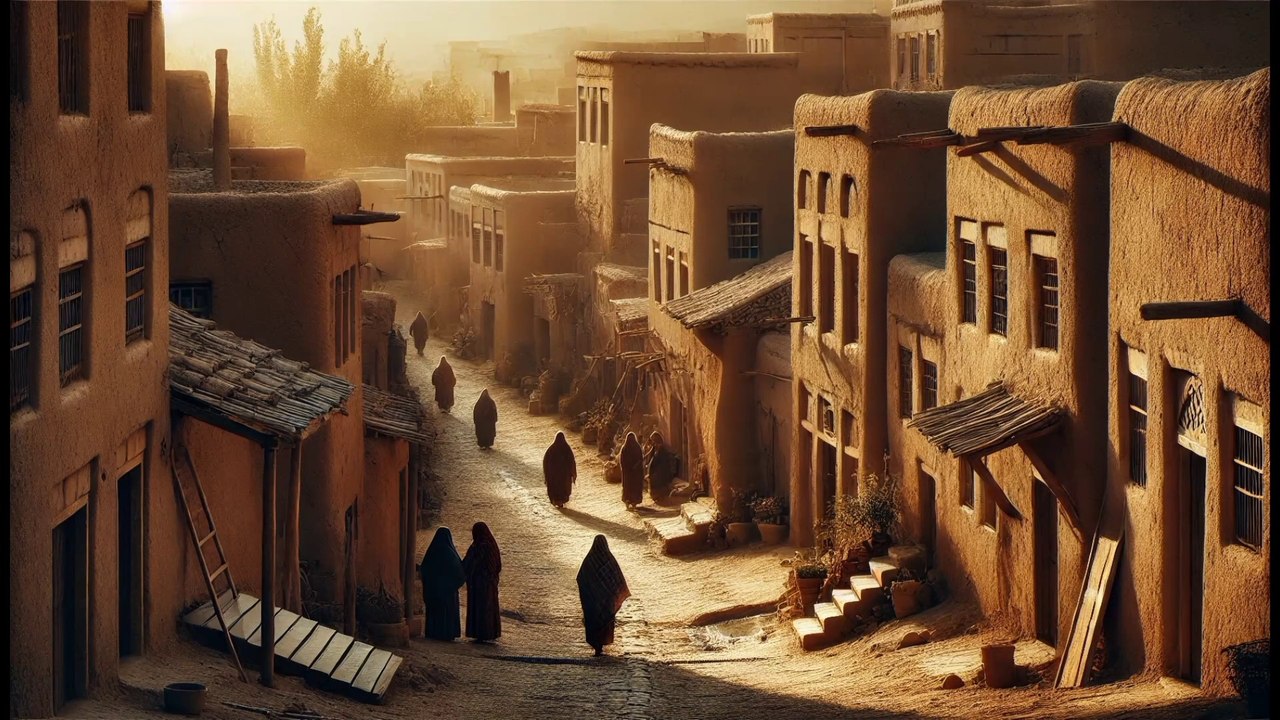 parane islami gaon ka manazr    "ek parana islami gaon jas min kache makanat or tang guliyan hen. gaon min ek paraman mahul hay jas min log apani romarah ki zandgi guzarte hen. chand diyahati rawayati labas pahune huvay nazar aate hen, or sorj diyahati ma