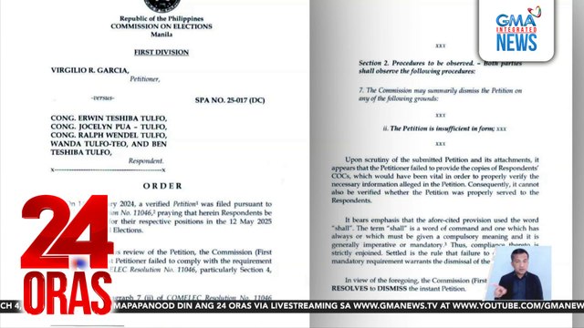 Petisyong ipa-disqualify ang mga Tulfo, ibinasura ng Comelec 1st Division | 24 Oras