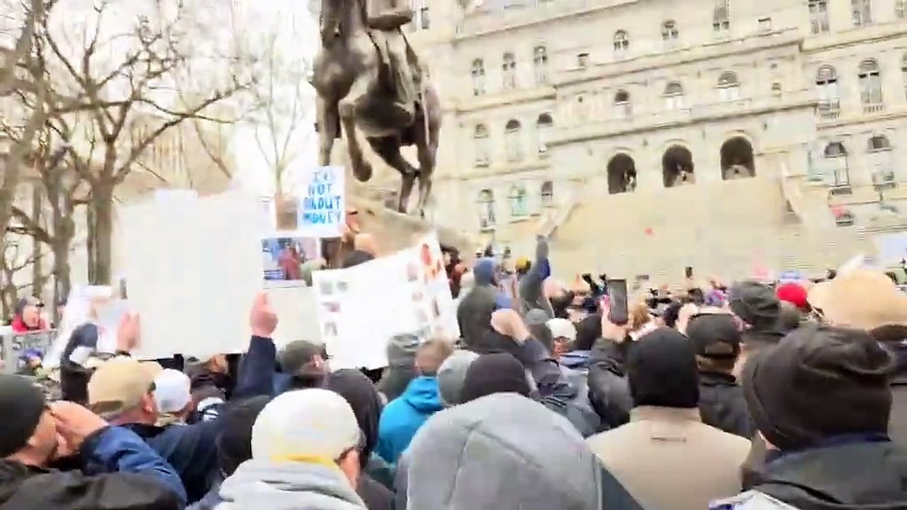 State corrections officers rally in Albany on Tuesday, as their protest now heads to the New York capital.
