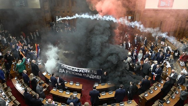 Video: Chaos at Serbian Parliament after smoke bombs, flares thrown during session