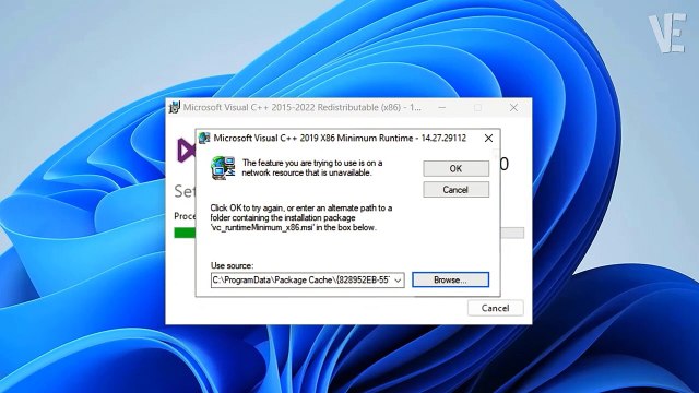 Solved - The feature you are trying to use is on a network resource that is unavailable when trying to install visual C++