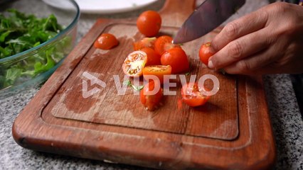 Fresh Cherry Tomatoes Slice In Wooden Board