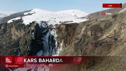 Kars'ta kış etkisini sürdürüyor: Şelale dondu, ağaç buzdan heykele döndü