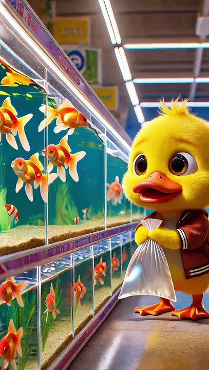 Cute duckling with fish