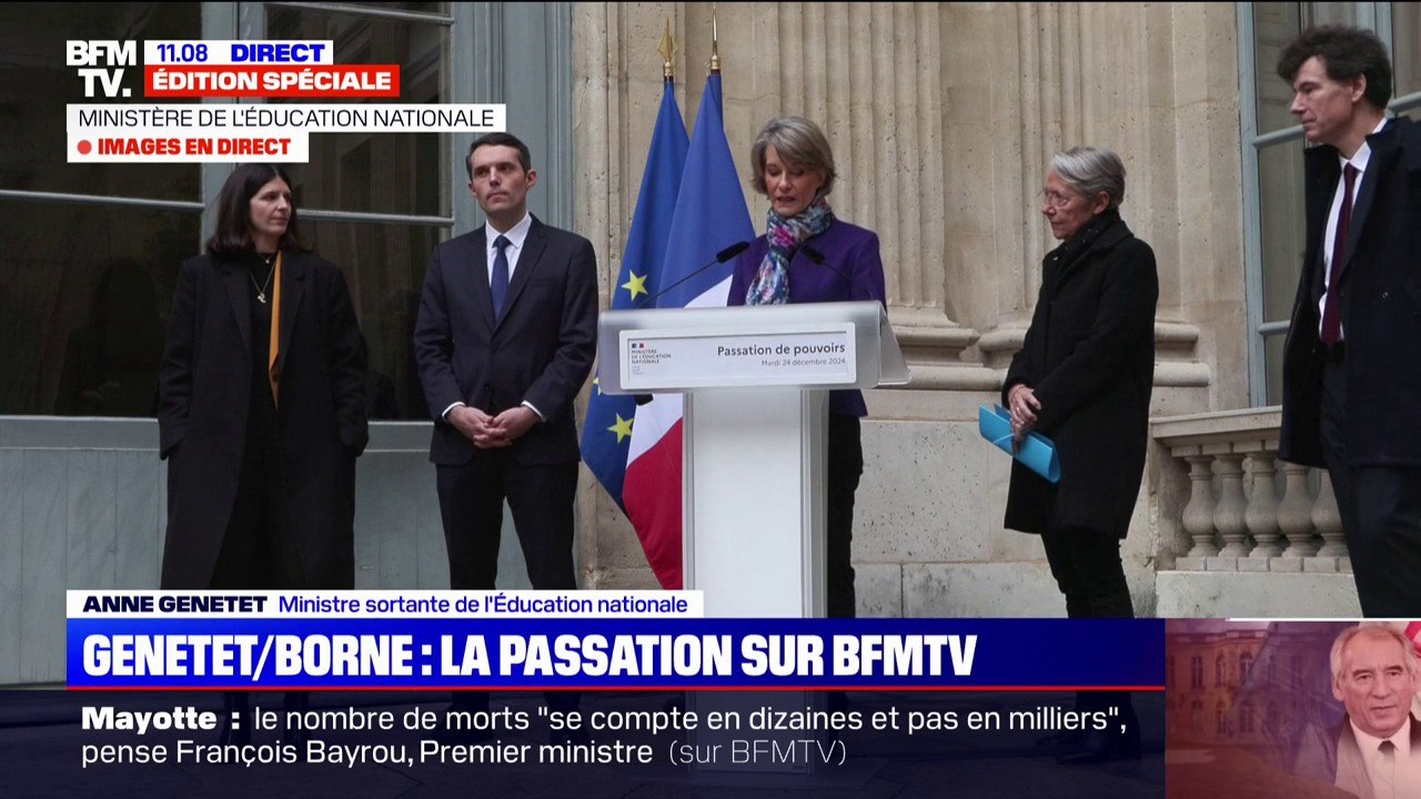 Passation avec Élisabeth Borne: "Vous exercez le plus beau métier (...) vous exercez ce métier dans une trop grande solitude", assure Anne Genetet (ministre sortante de l'Éducation)