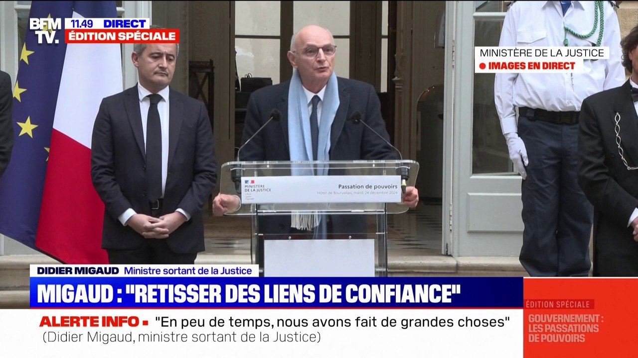 "Le 21e siècle ne doit plus être celui de la domination des hommes sur les femmes": Didier Migaud, ministre sortant de la Justice, évoque le débat sur le consentement lors de la passation de pouvoir avec Gérald Darmanin