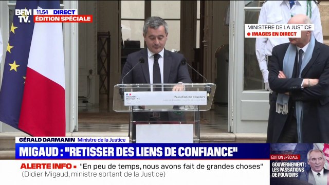 Gérald Darmanin (ministre de la Justice): Je veux avoir une pensée pour votre prédécesseur, Éric Dupond-Moretti, avec qui j'ai travaillé pendant plus quatre ans, je crois, pour le bien des Français