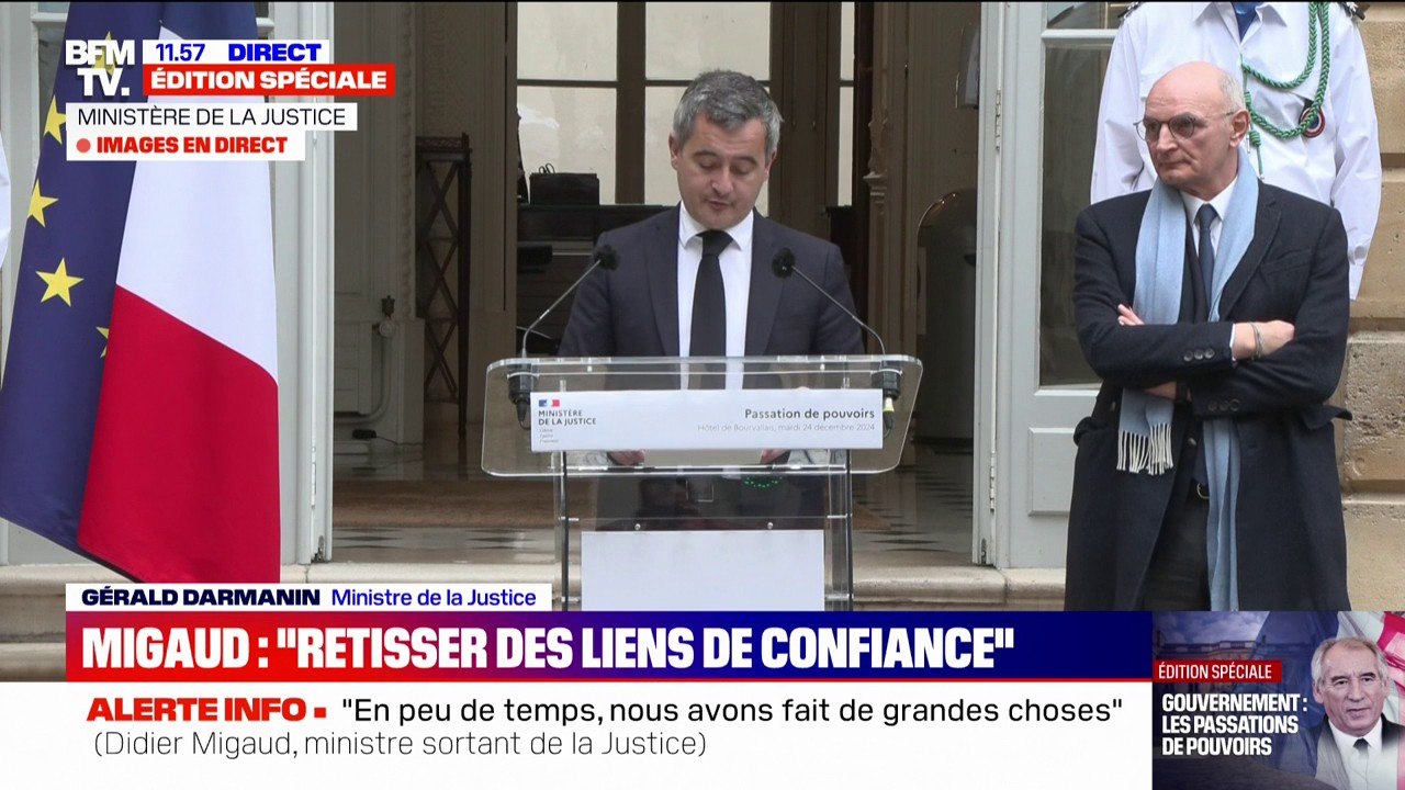 Passation au ministère de la Justice: "Nous allons travailler main dans la main avec le ministère de l'Intérieur", déclare Gérald Darmanin