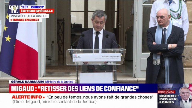 Passation au ministère de la Justice: Nous allons travailler main dans la main avec le ministère de l'Intérieur , déclare Gérald Darmanin