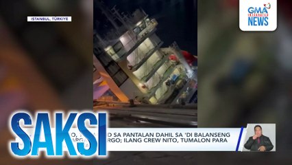 Barko, tumagilid sa pantalan dahil sa 'di balanseng pagkarga sa cargo; ilang crew nito, tumalon para makaligtas | Saksi
