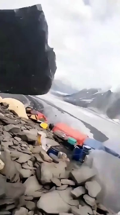 Falling rock almost smooshes man.