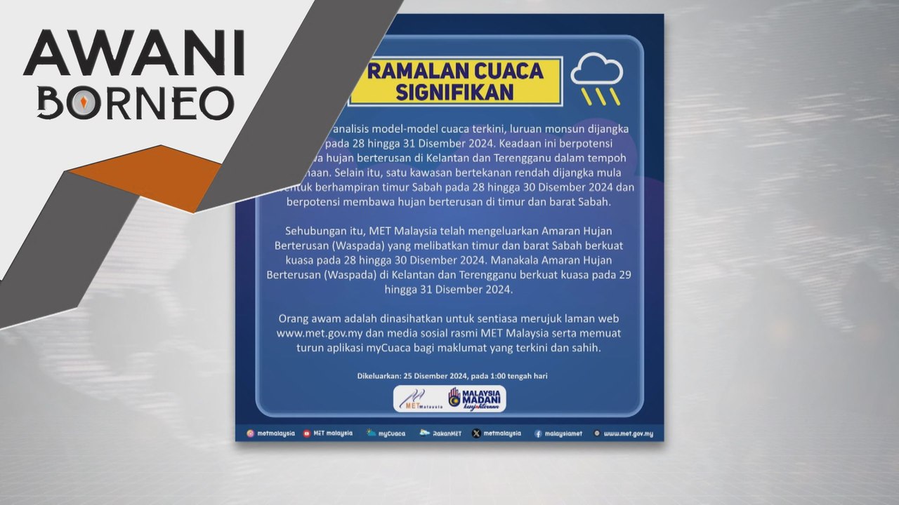 Hujan berterusan landa Sabah, Kelantan & Terengganu sehingga 31 Disember