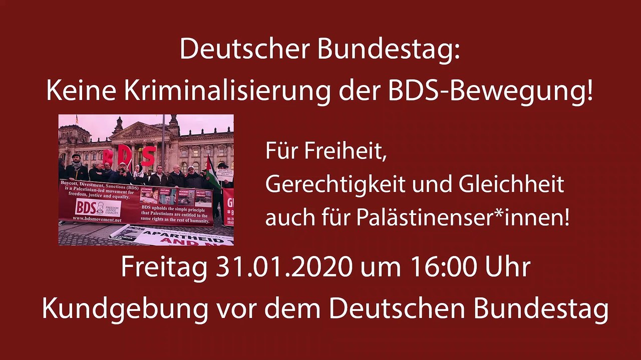 BDS Gruppe Bonn auf der auf der BDS Kundgebung vor dem Deutschen Bundestag am 31.01.2020