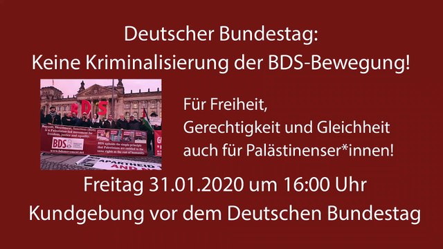 BDS Activist from London UK auf der auf der BDS Kundgebung vor dem Deutschen Bundestag am 31.01.2020